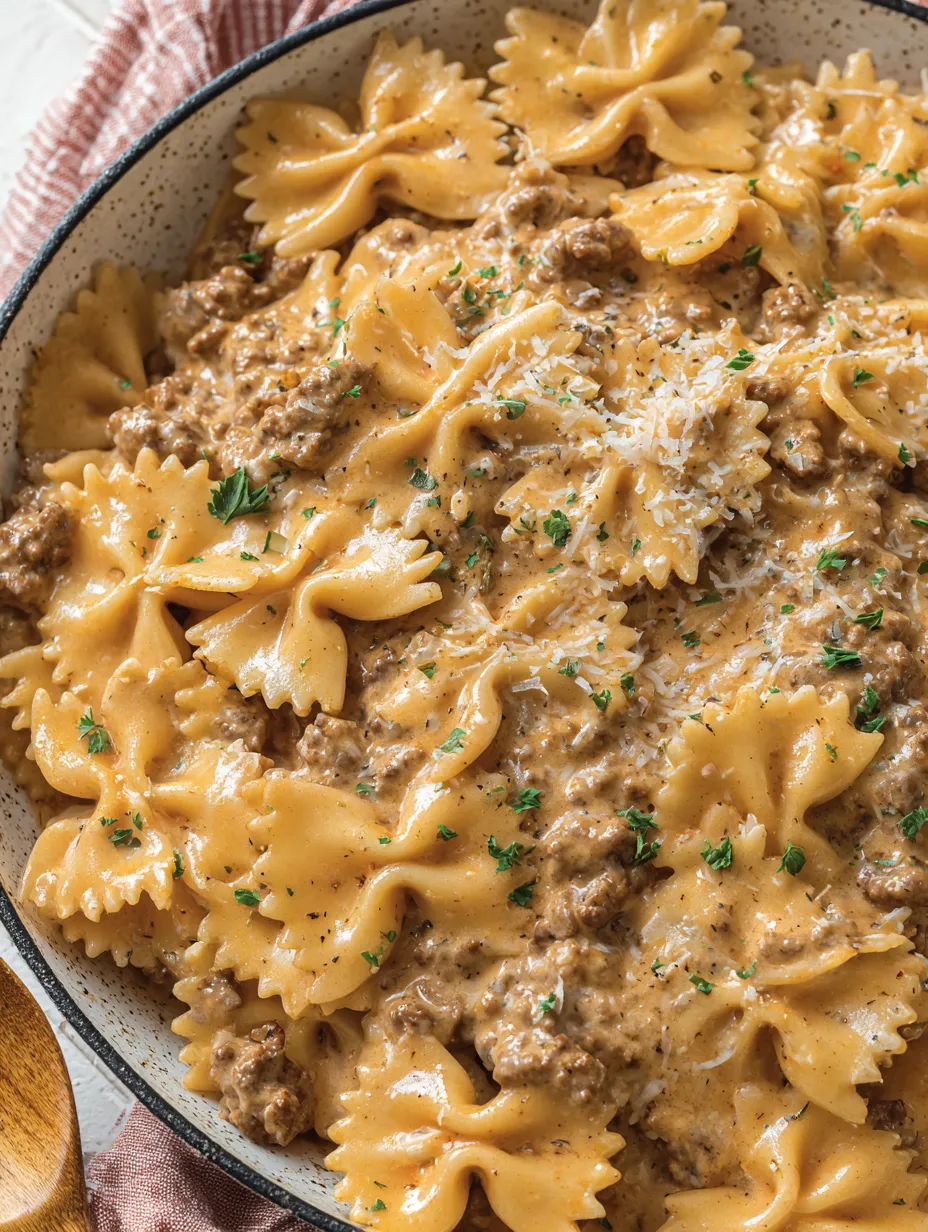 A bowl of creamy beef and bowtie pasta.