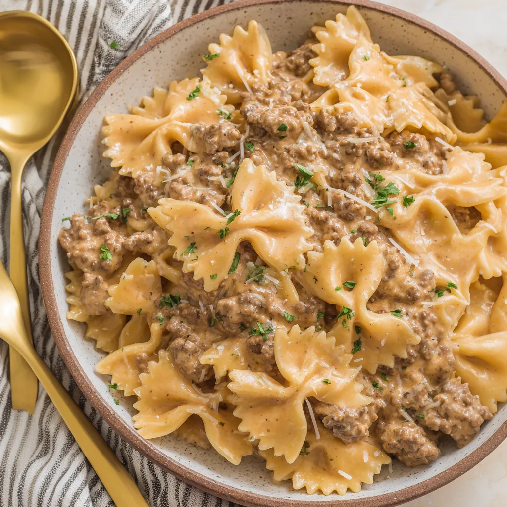 A bowl of creamy beef and bowtie pasta.
