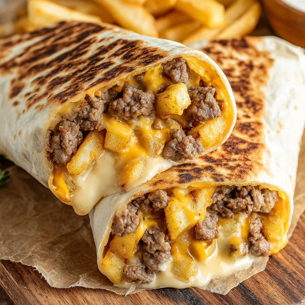 A burrito filled with beef, cheese, and fries.