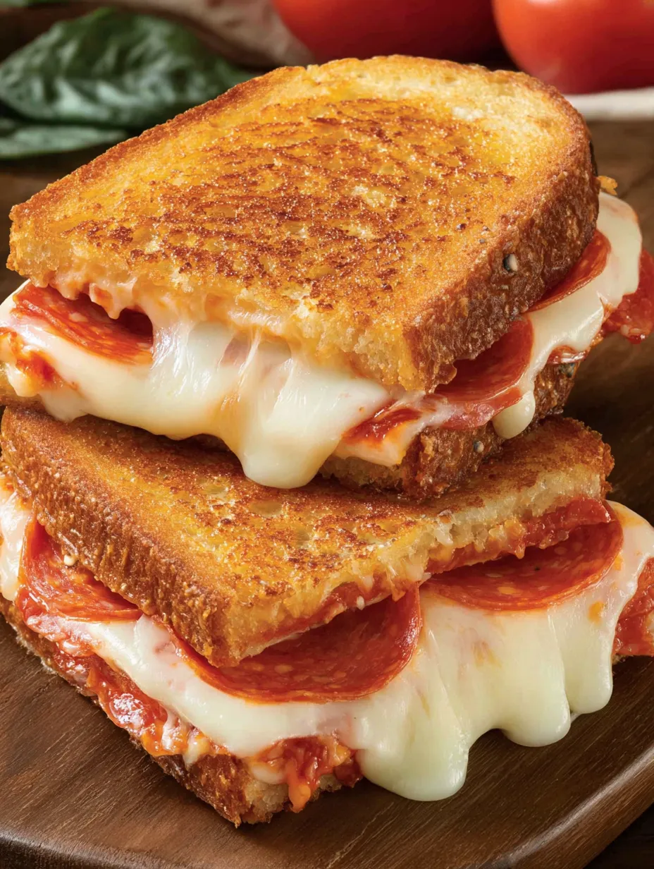 A stack of grilled cheese sandwiches with pepperoni.