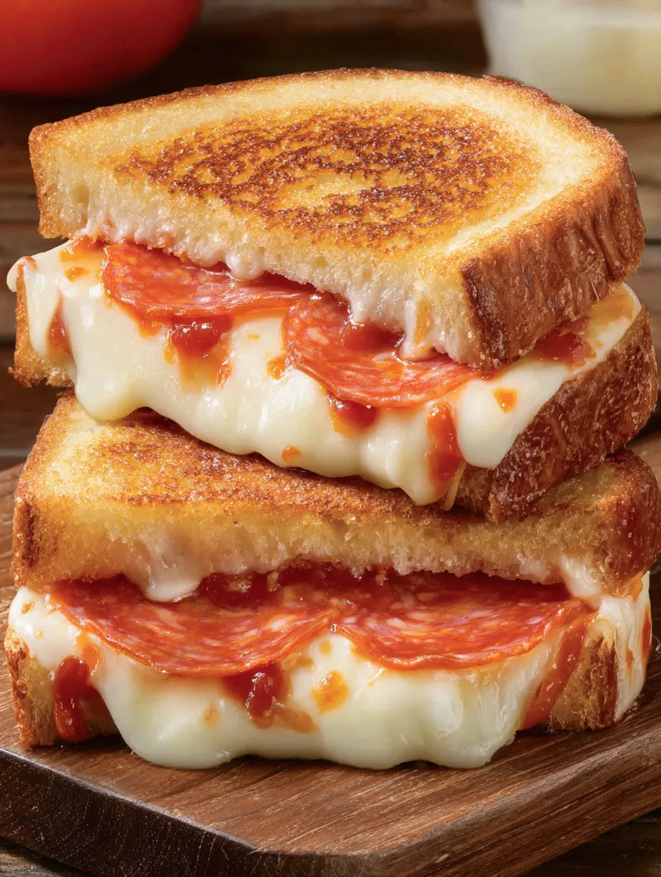 A grilled cheese sandwich with pepperoni on top.