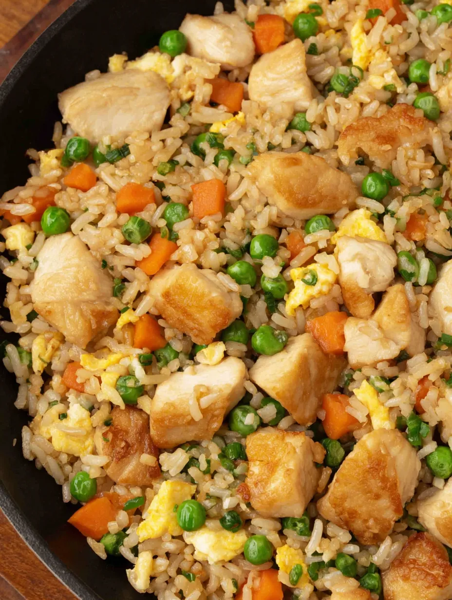 A bowl of rice with chicken and peas.