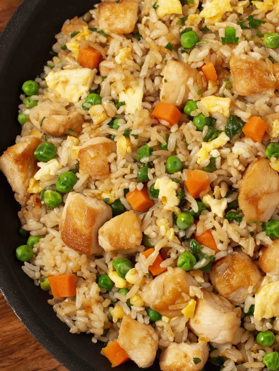 A bowl of rice with chicken and peas.