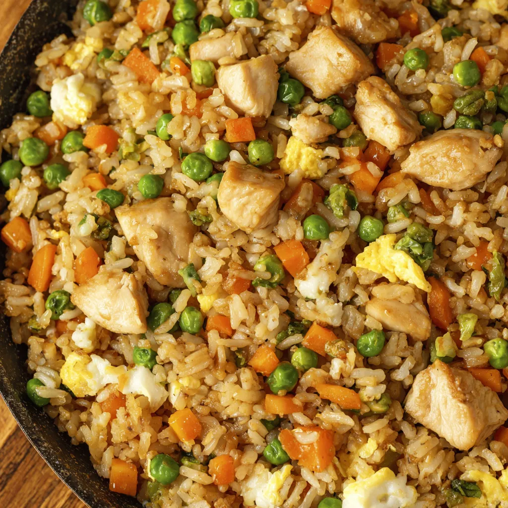 A dish of chicken fried rice with peas and carrots.