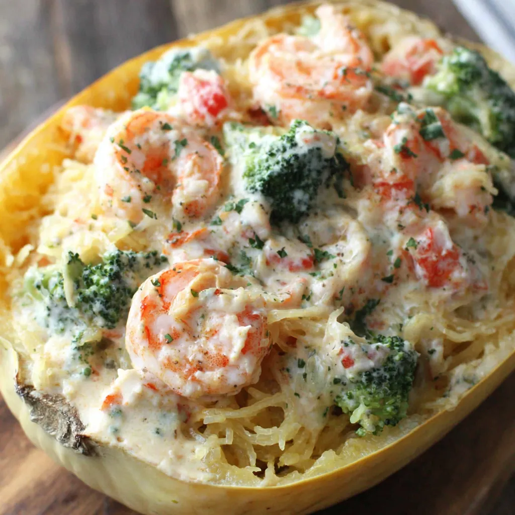 A dish of shrimp spaghetti squash alfredo with broccoli.
