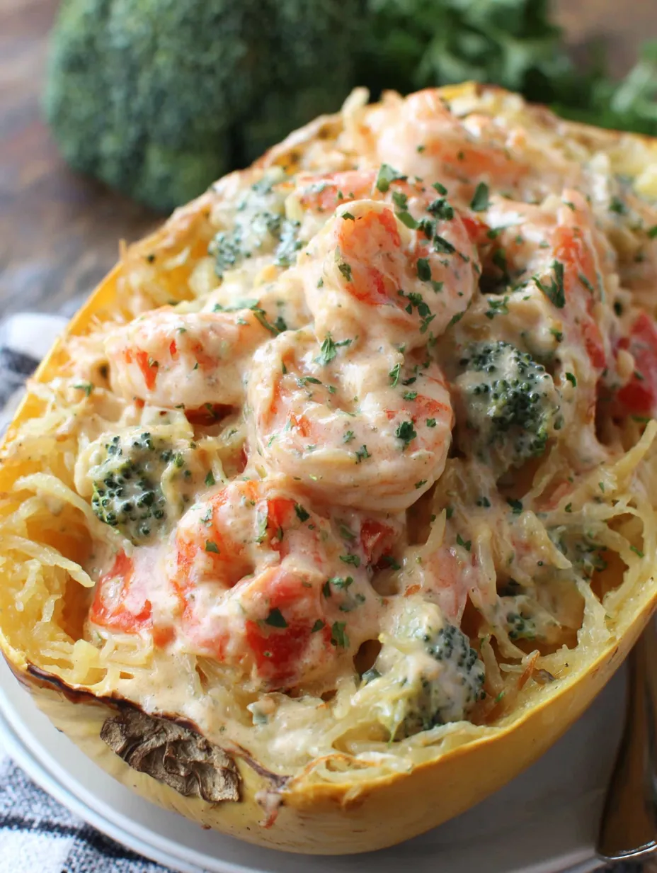 A dish of shrimp spaghetti squash alfredo with broccoli.