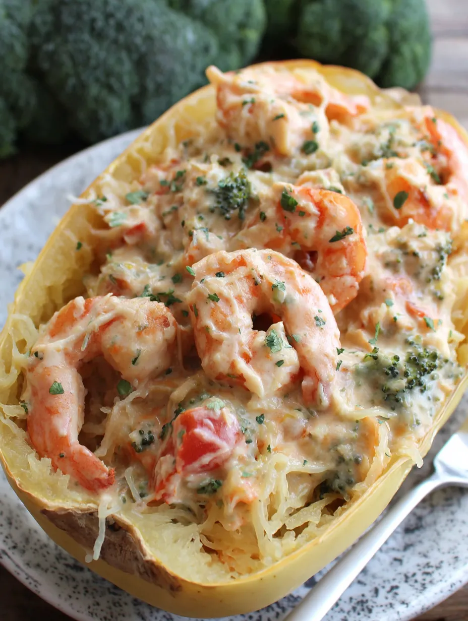 A dish of shrimp spaghetti squash alfredo with broccoli.