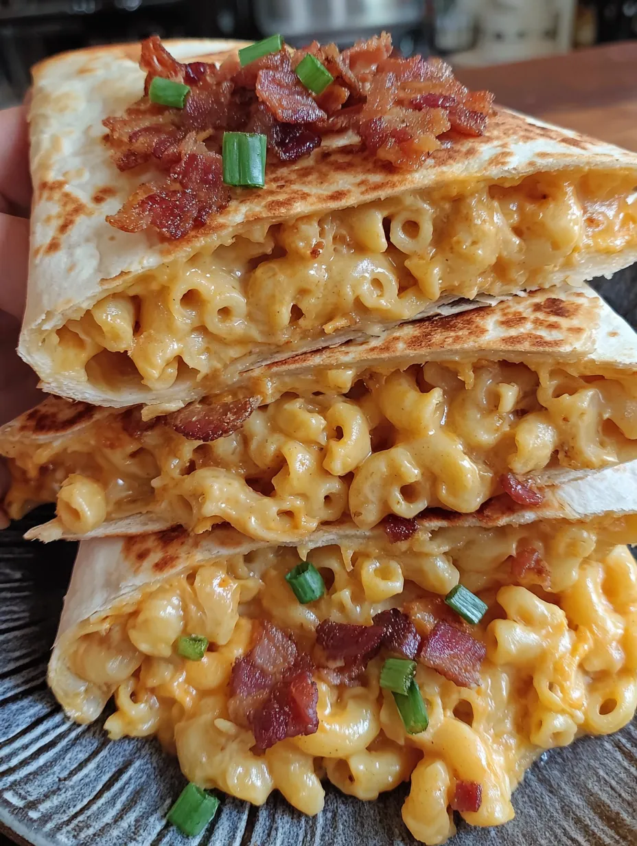 A quesadilla with bacon and mac and cheese.