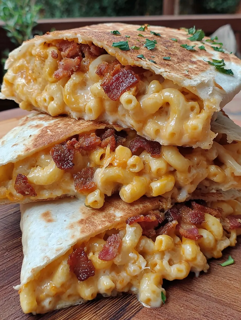 A quesadilla with bacon and mac and cheese.