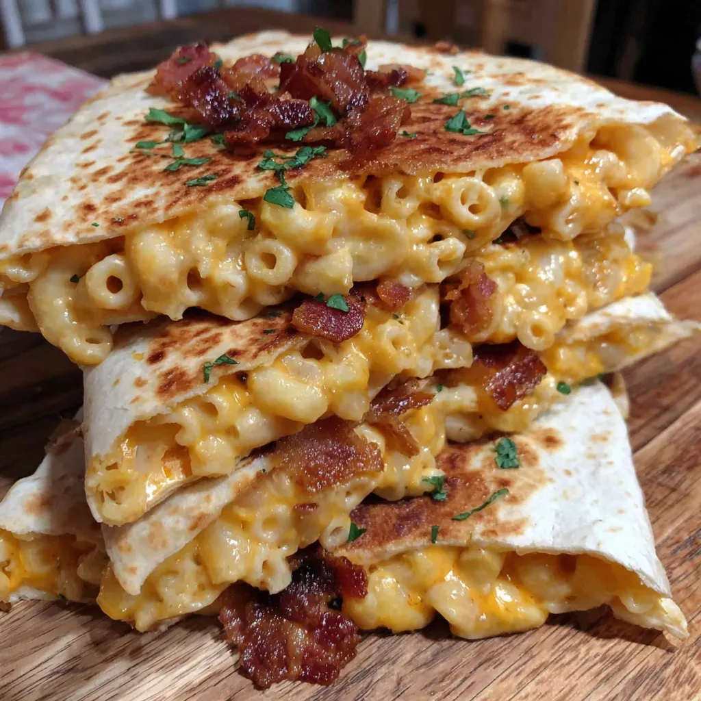 A stack of bacon ranch mac and cheese quesadillas.