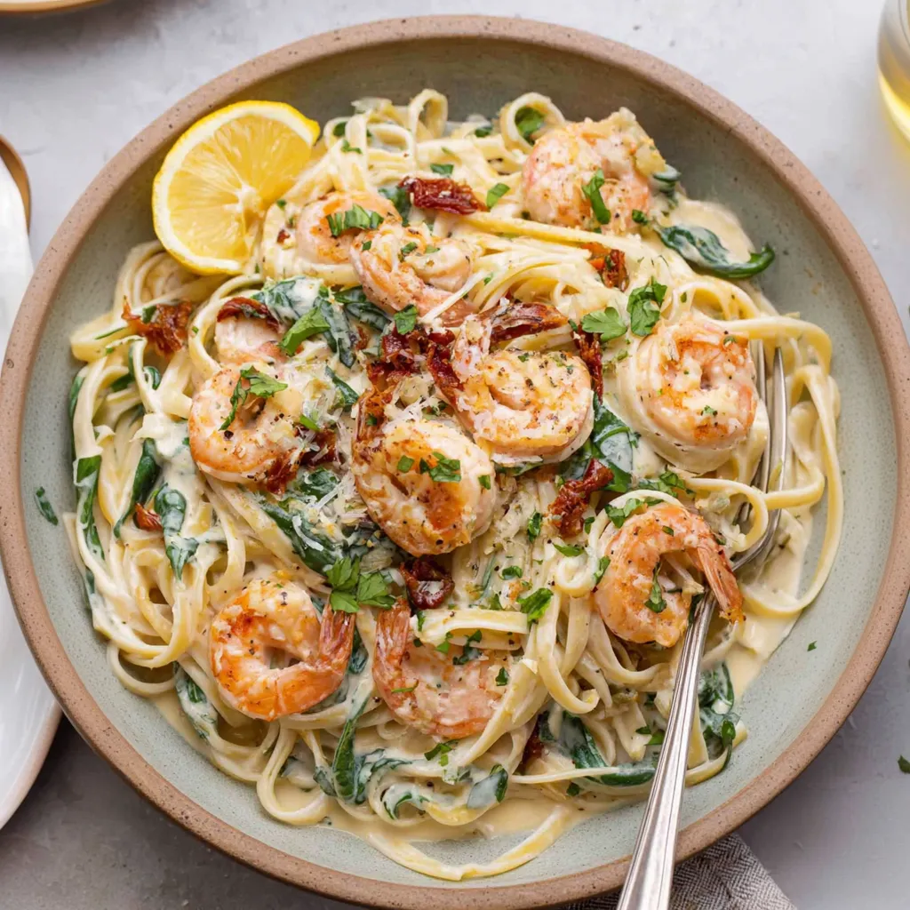 A bowl of creamy tuscan shrimp linguine.