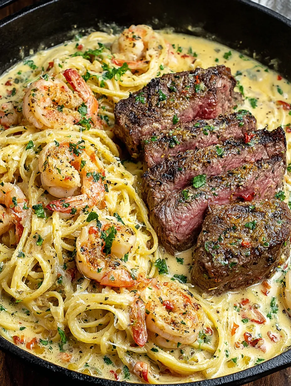 A plate of pasta with shrimp and beef.