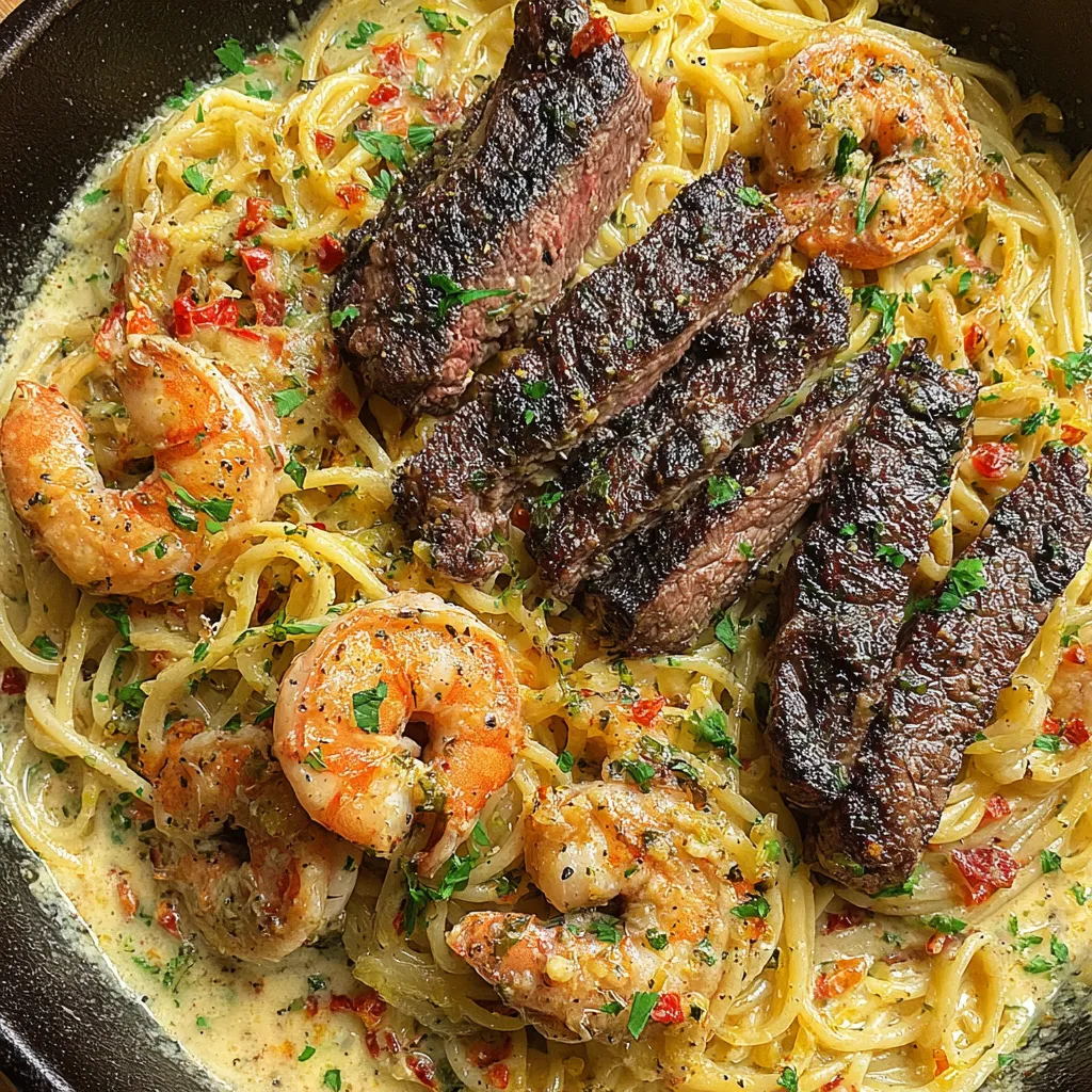 A dish of Surf and Turf Pasta.