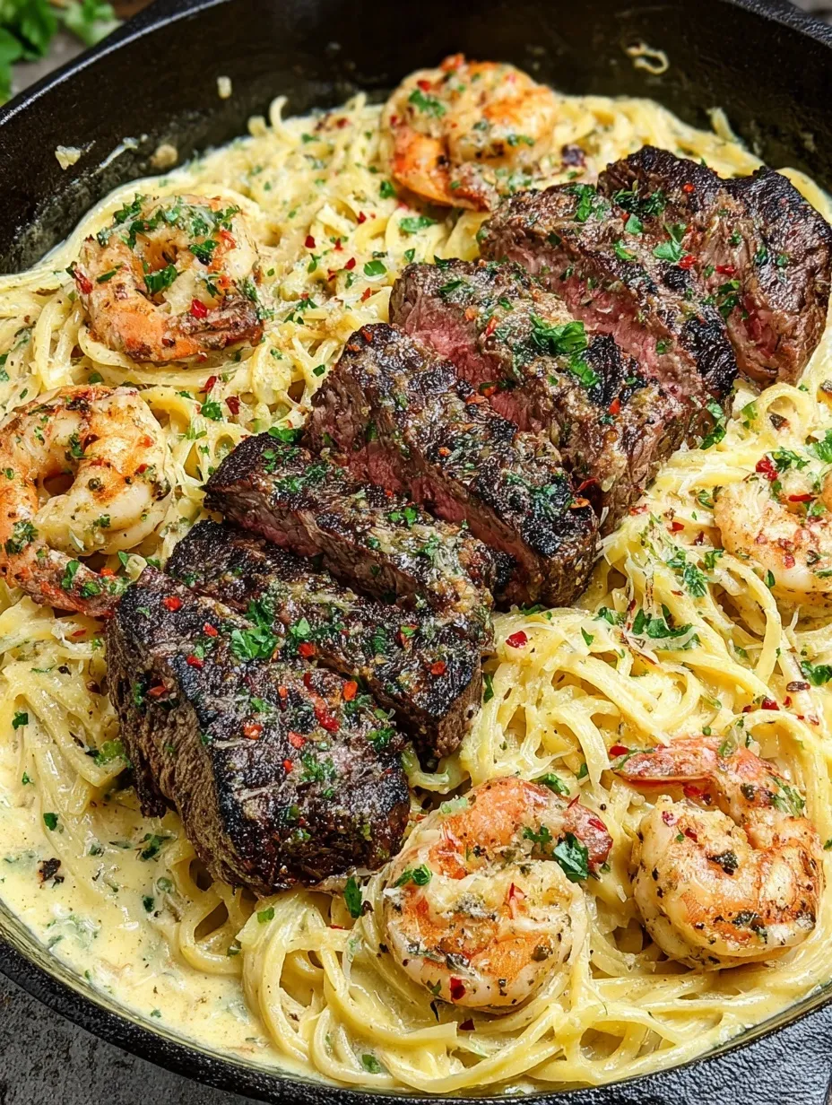 A dish of surf and turf pasta.