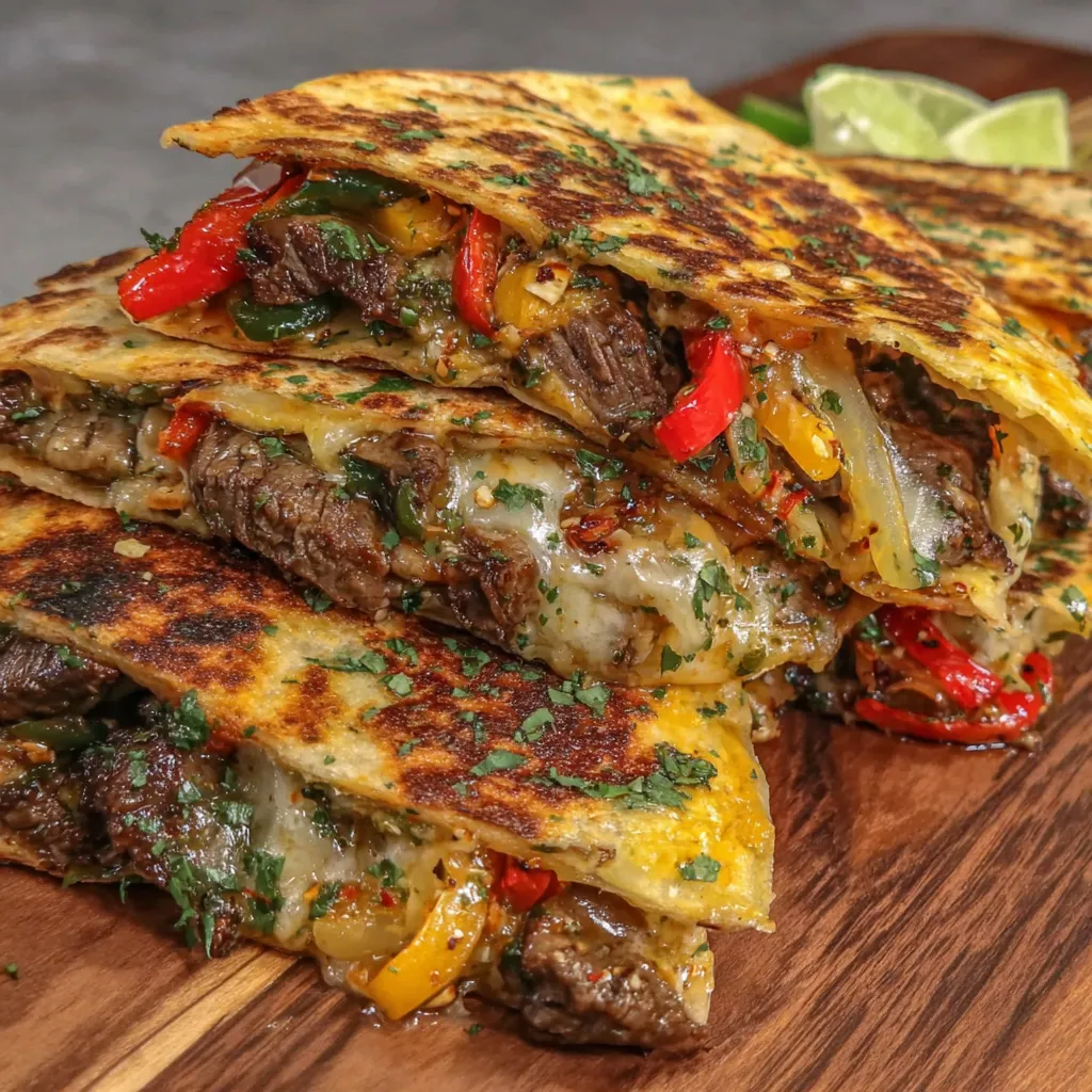 A stack of chili lime steak fajita quesadillas.