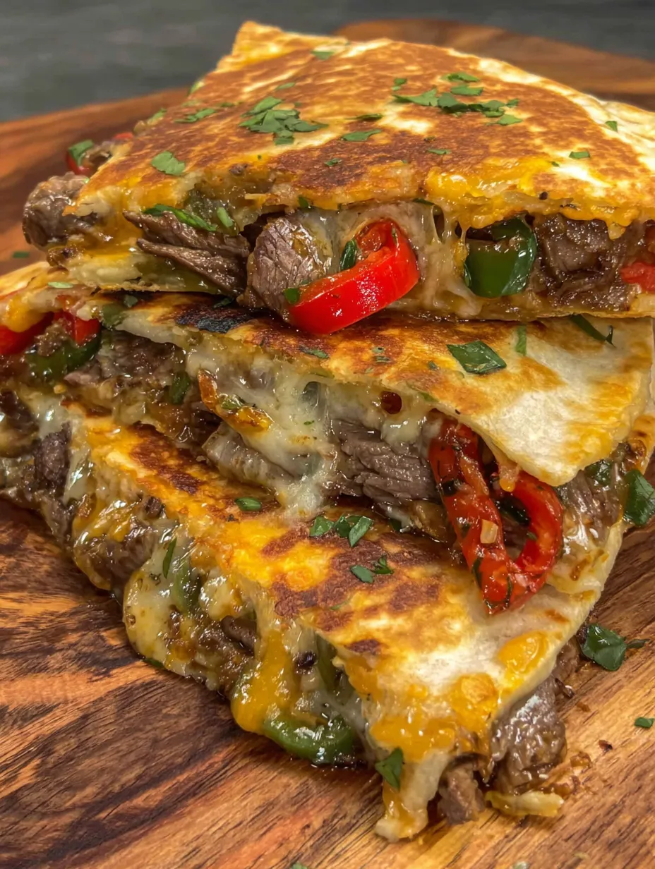 A stack of chili lime steak fajita quesadillas.