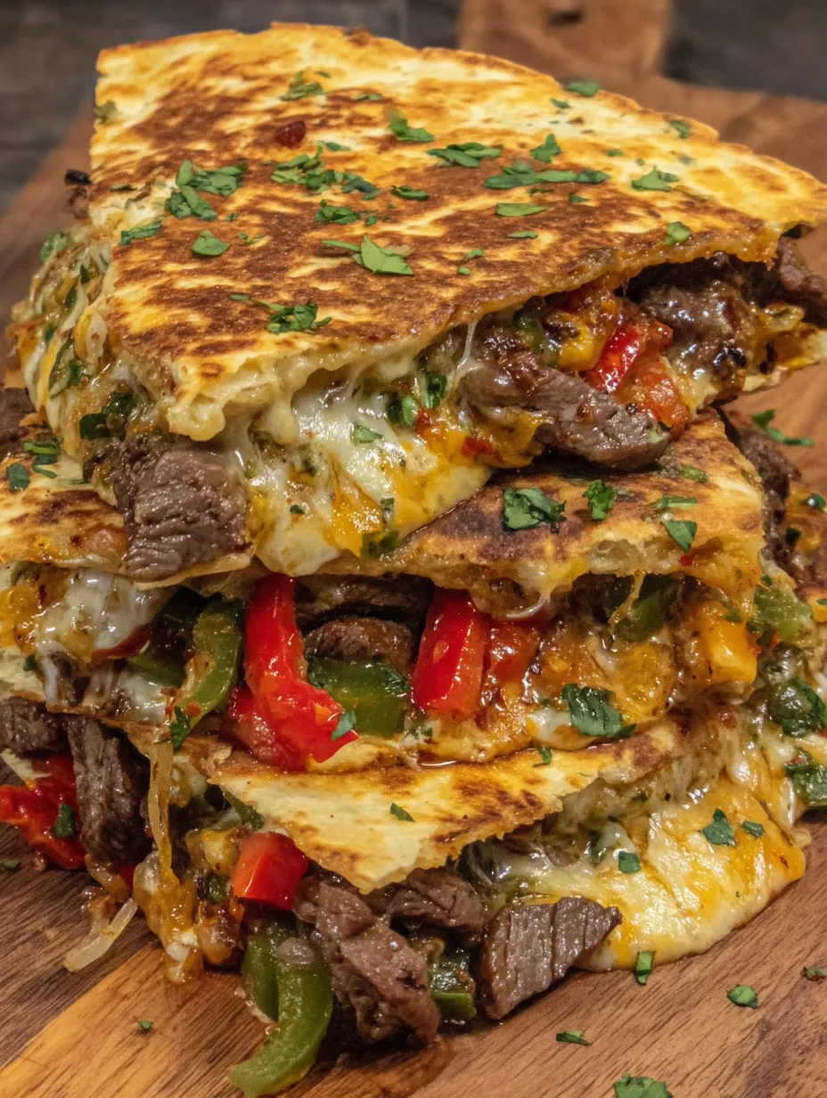 A stack of chili lime steak fajita quesadillas.