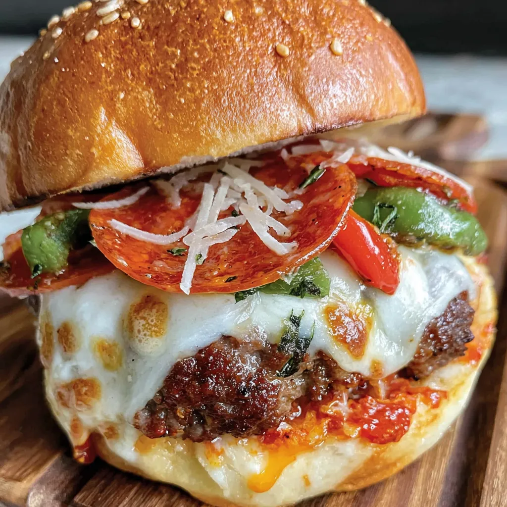 A pizza burger with tomatoes, cheese, and peppers.