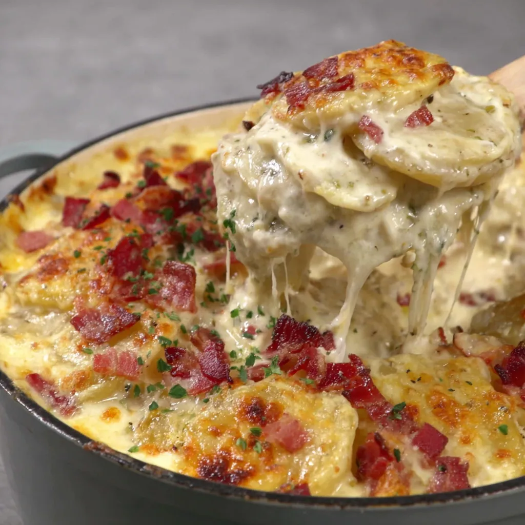 A close up of a cheesy au gratin potato dish.