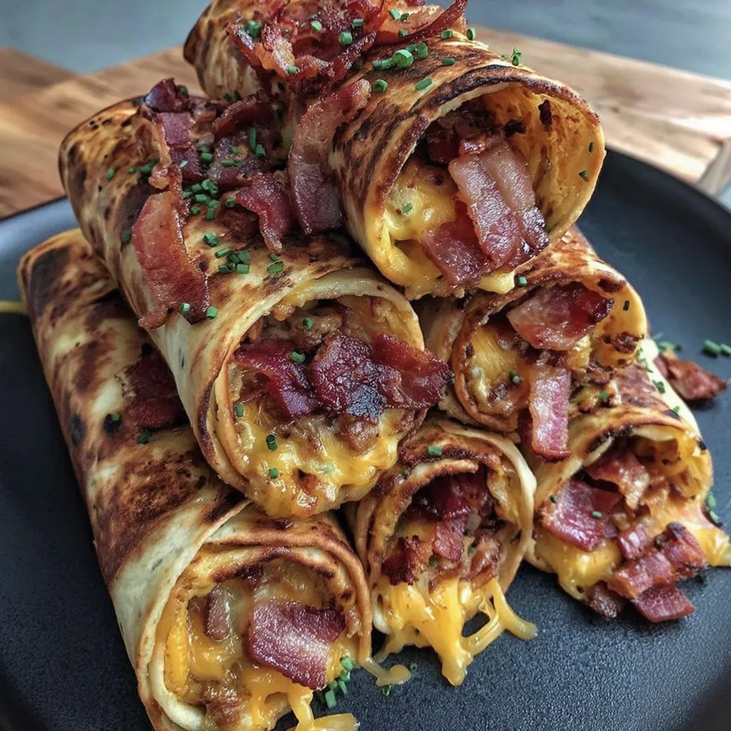 Bacon cheeseburger rollups on a black plate.