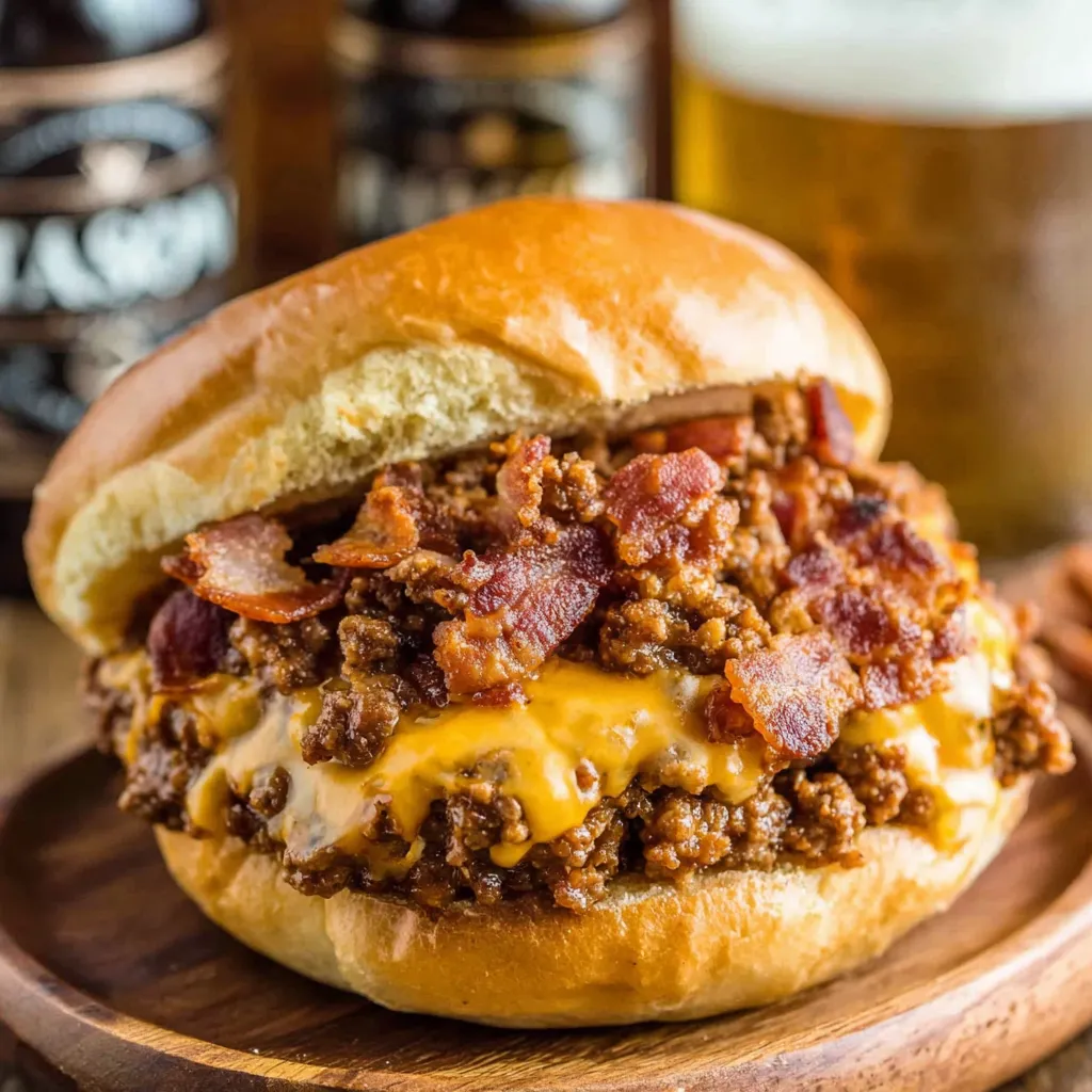 A sloppy joe sandwich with bacon and cheese.