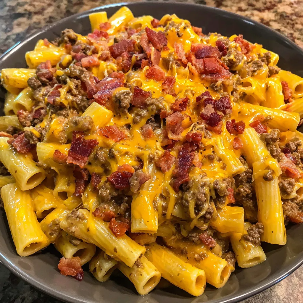 A bowl of pasta with bacon and cheese.