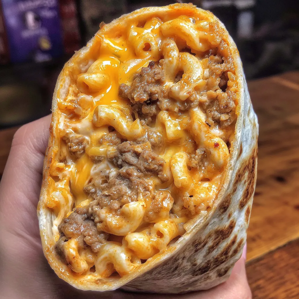 A sloppy joe mac and cheese wrap.
