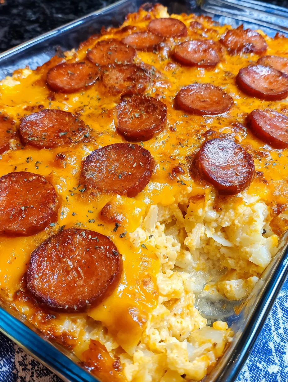 A casserole with sausage and cheese on top.