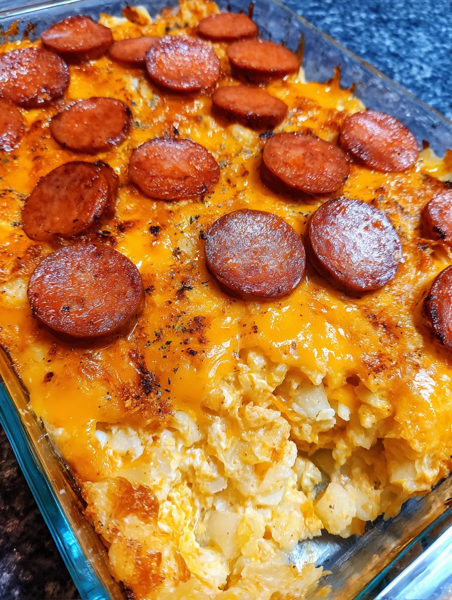 A close up of a delicious smoked sausage and cheesy potato casserole.