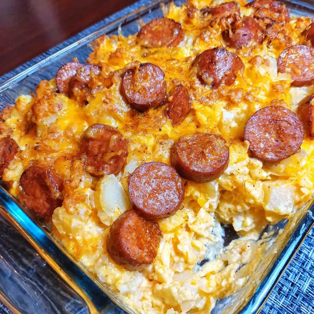 A dish of smoked sausage and cheesy potato casserole.