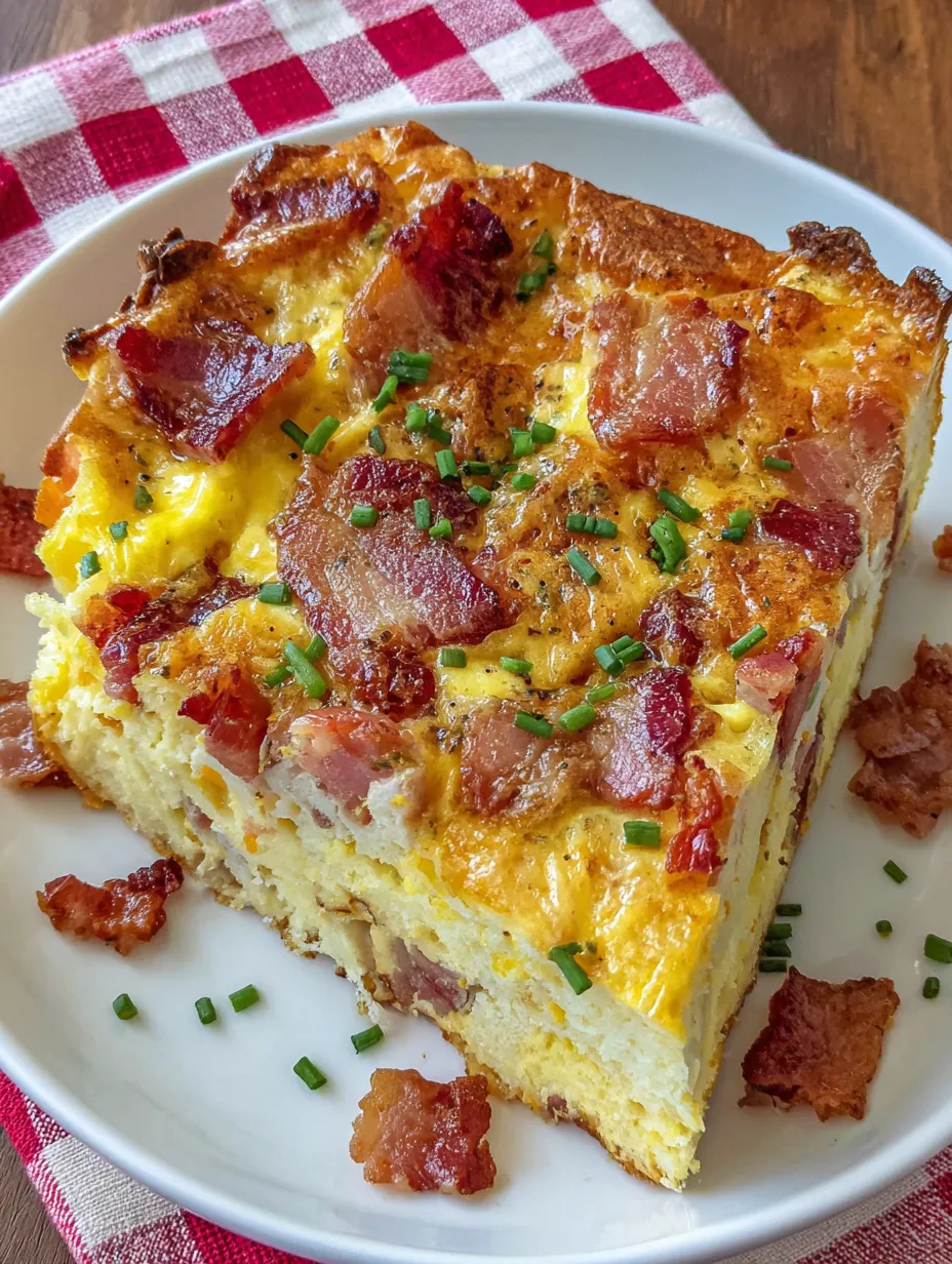 A slice of bacon breakfast casserole.