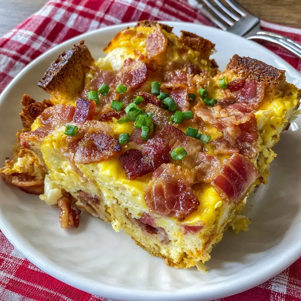 A slice of bacon breakfast casserole.