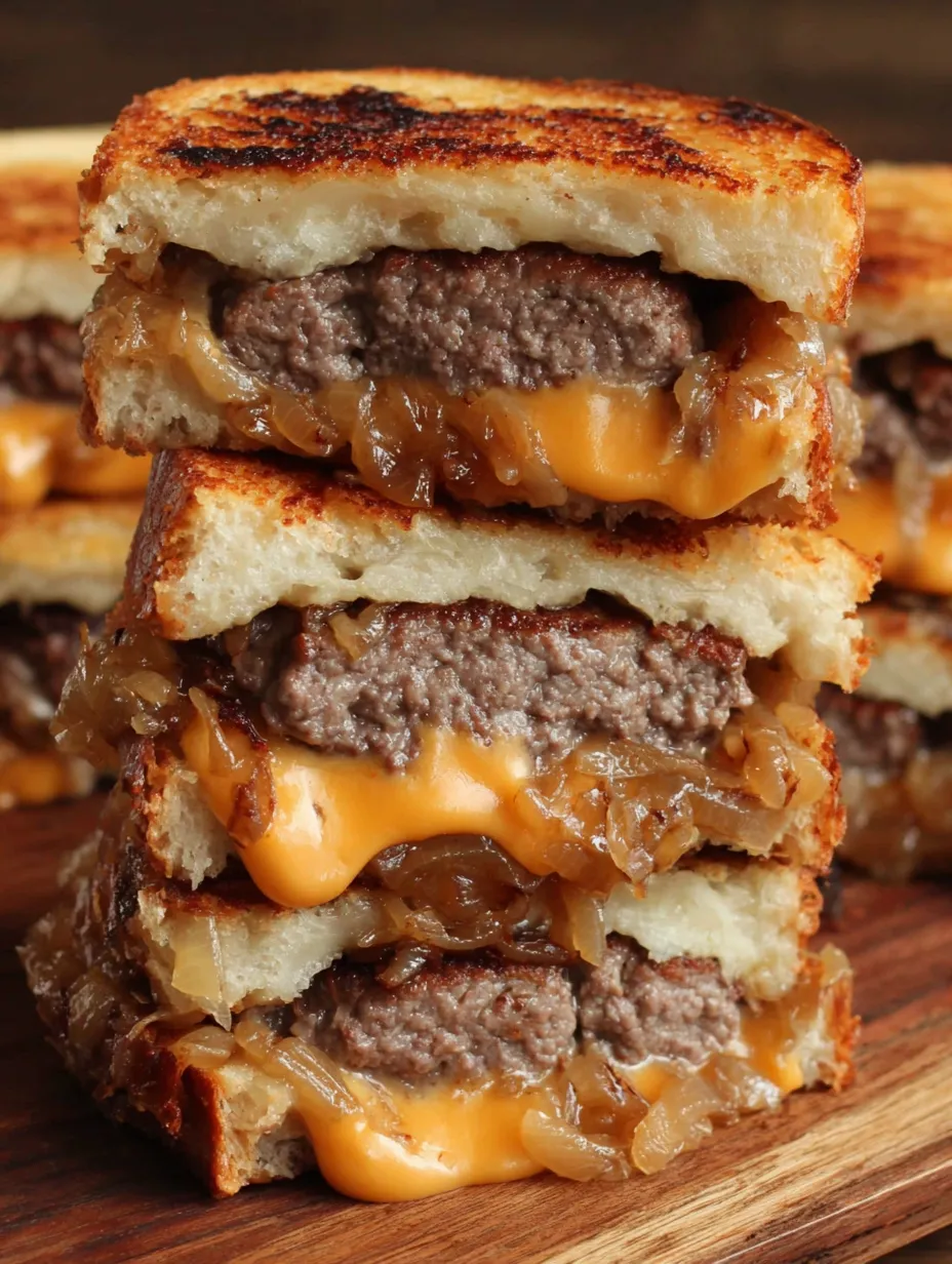 A stack of three cast iron patty melts.