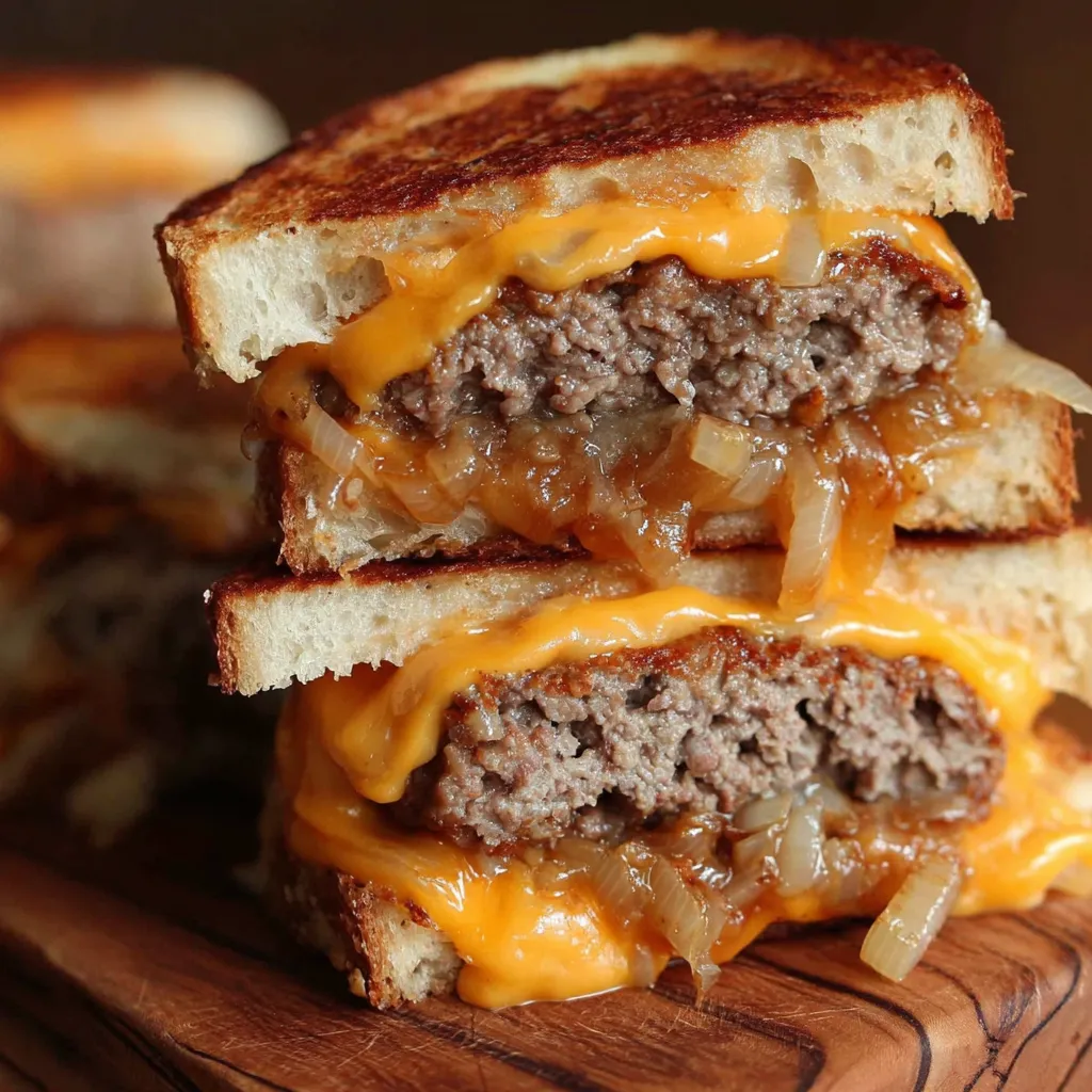 A close up of a delicious cast iron patty melt.