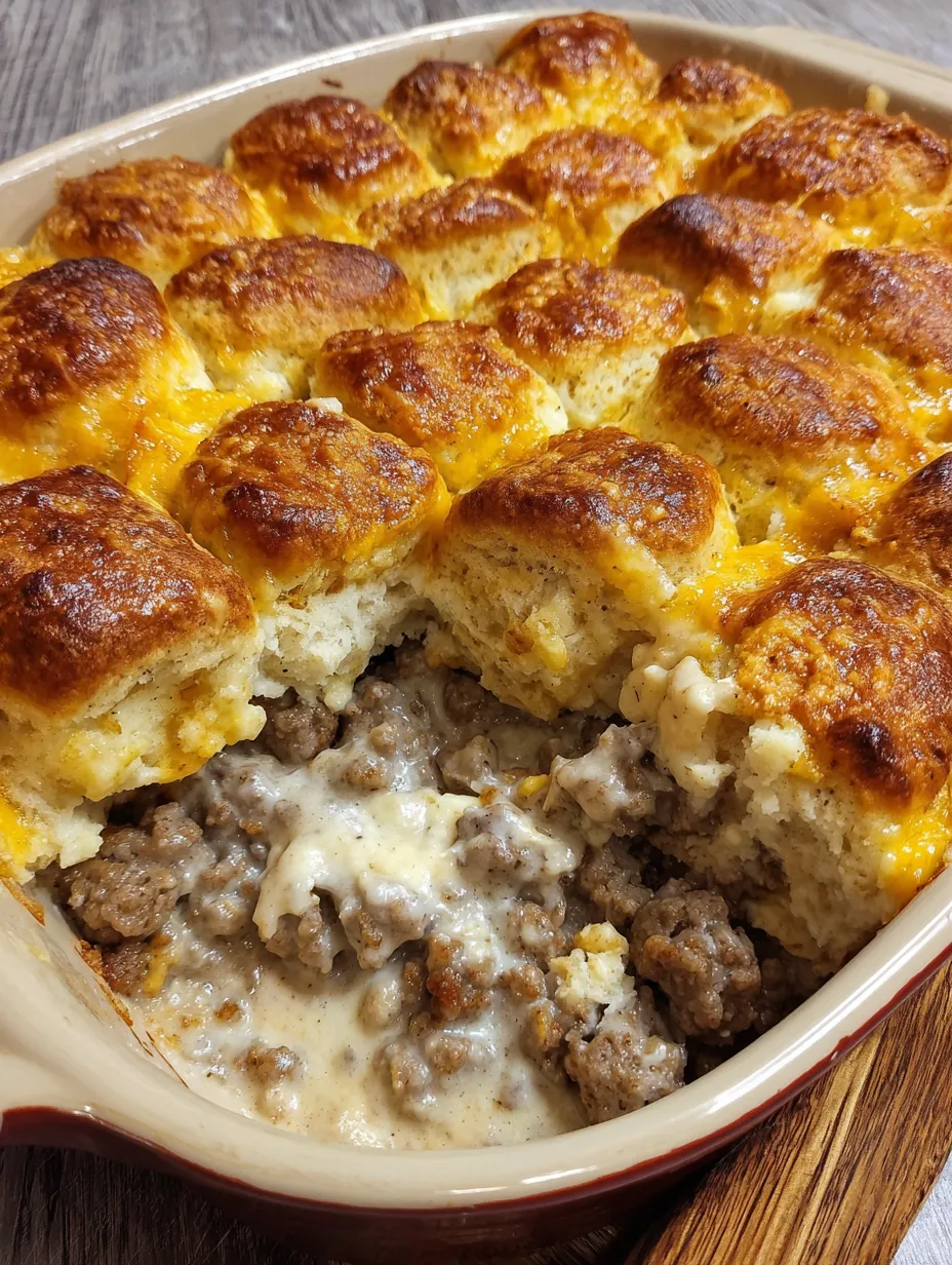 A casserole with biscuits and gravy.