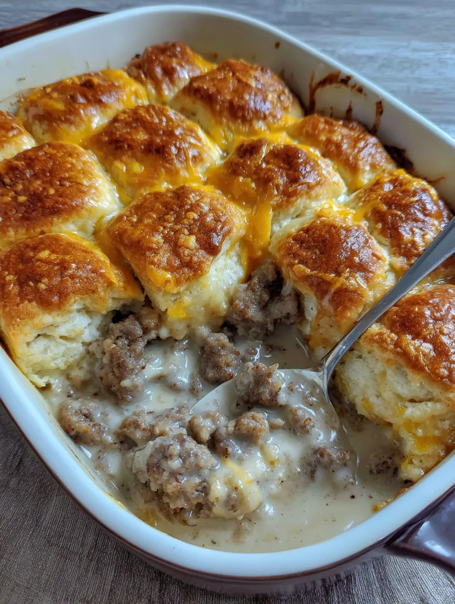 A casserole with biscuits and gravy.