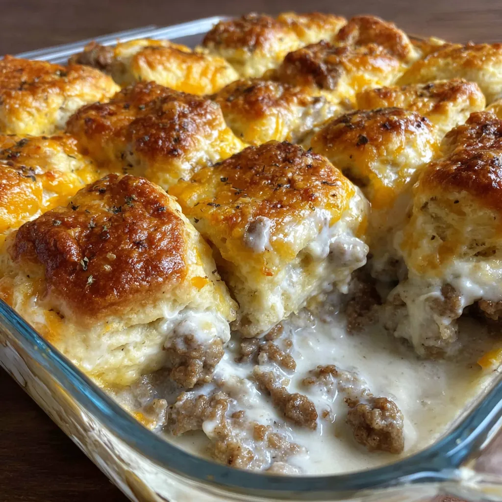 A casserole dish filled with biscuits and gravy.
