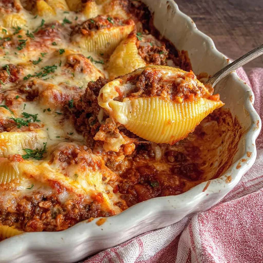 A cream cheese and beef stuffed shells dish.
