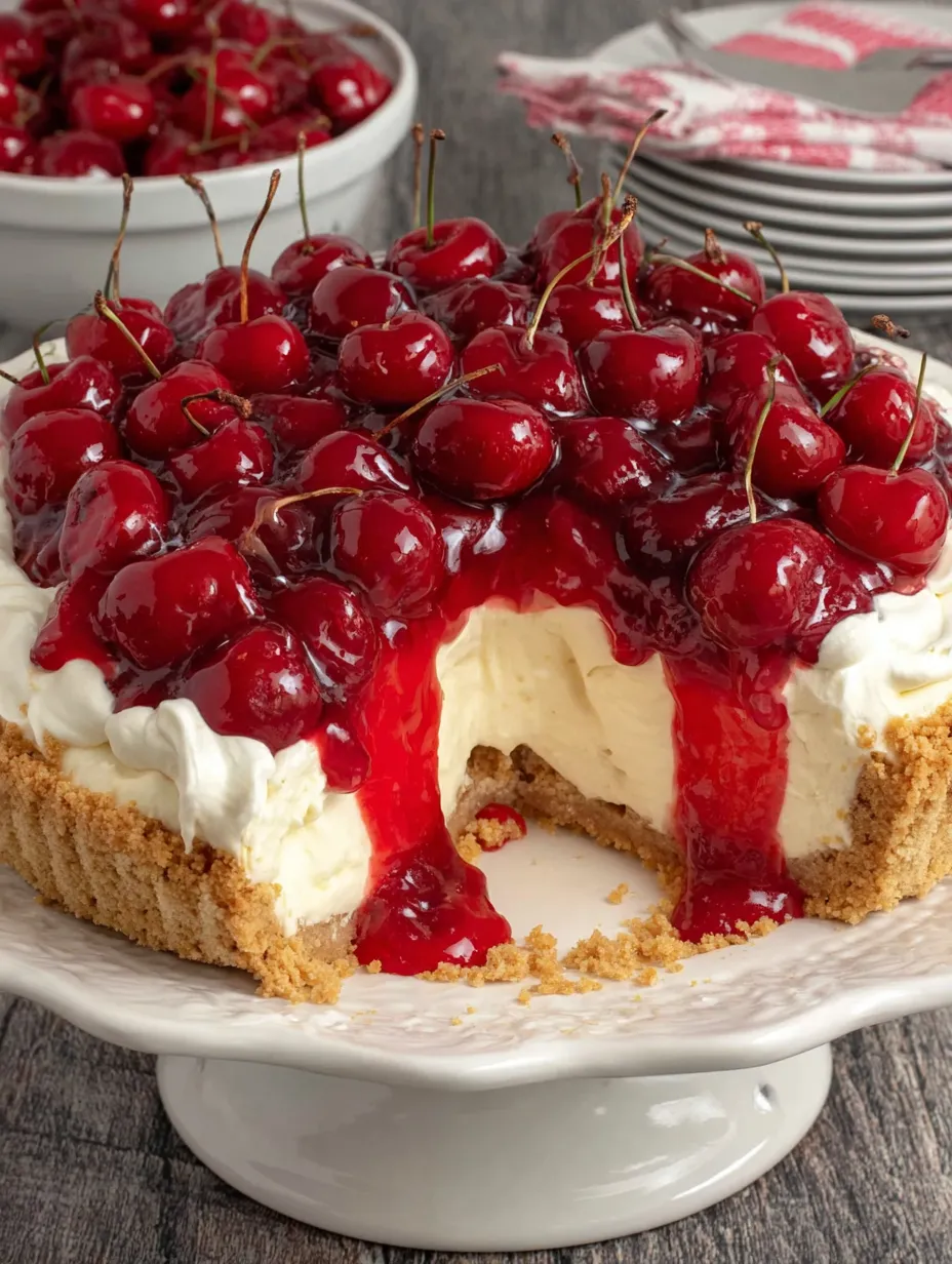 A slice of no-bake cherry cheesecake.