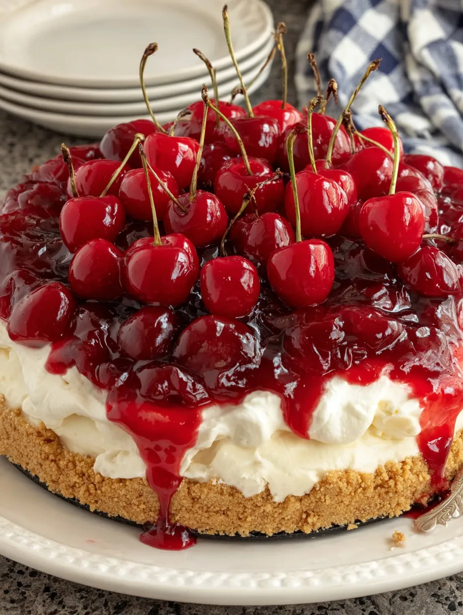 A slice of cherry cheesecake with cherries on top.