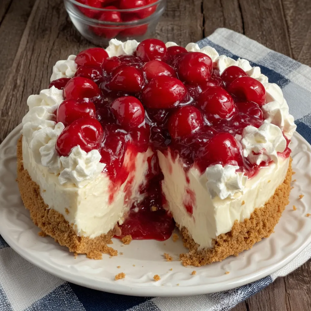 A slice of cherry cheesecake on a white plate.