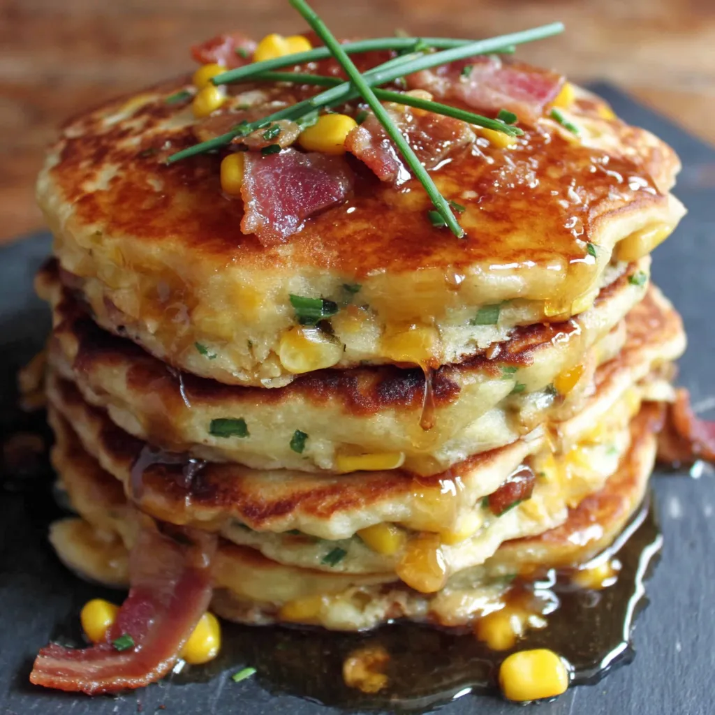 Bacon and corn griddle cakes stacked on top of each other.