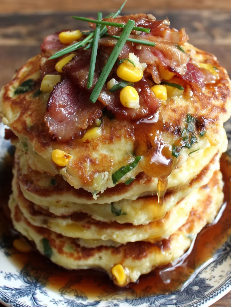 Bacon and corn griddle cakes stacked on top of each other.
