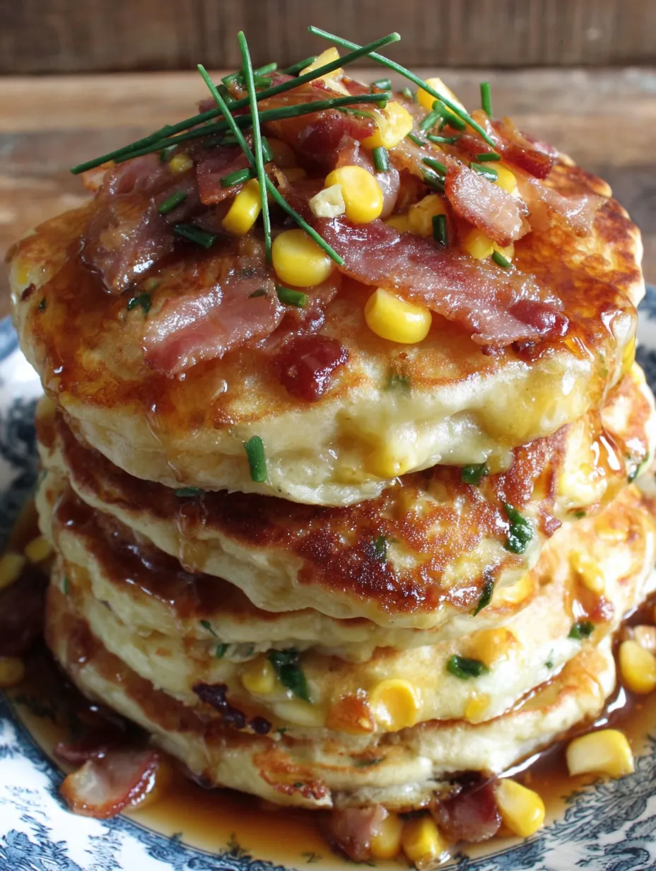 Bacon and corn griddle cakes stacked on a plate.