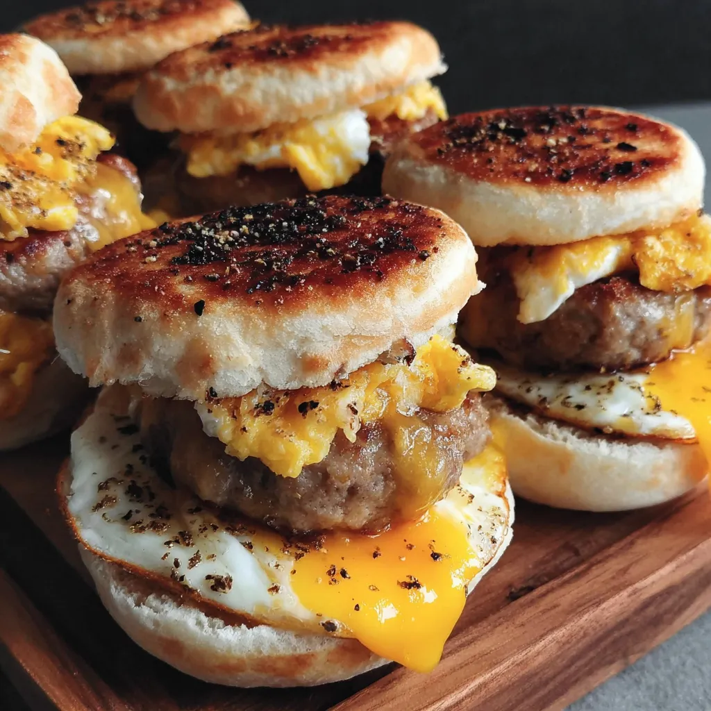 A breakfast sandwich with sausage, egg, and cheese.