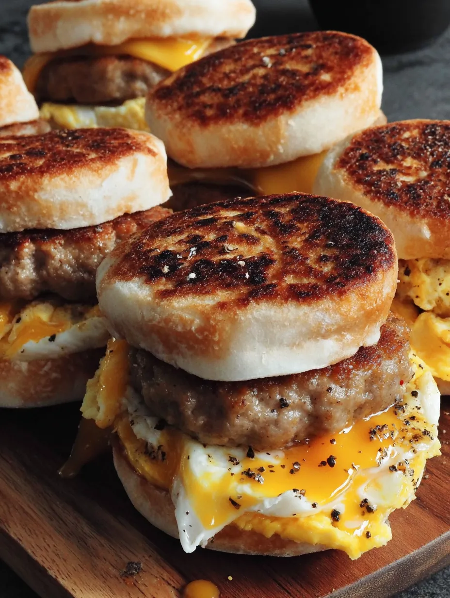 A breakfast sandwich with sausage, egg, and cheese.