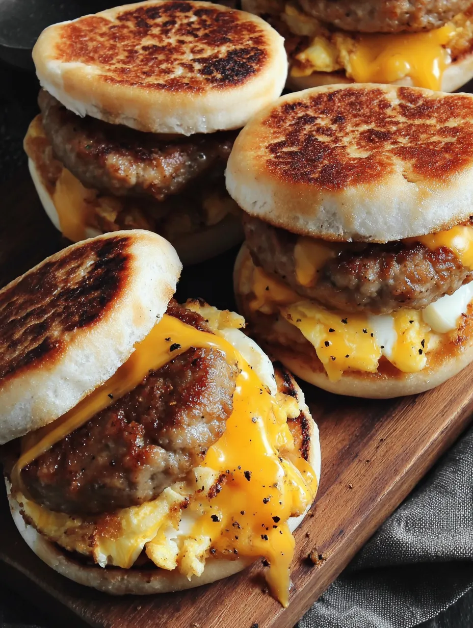A breakfast sandwich with sausage, egg, and cheese.