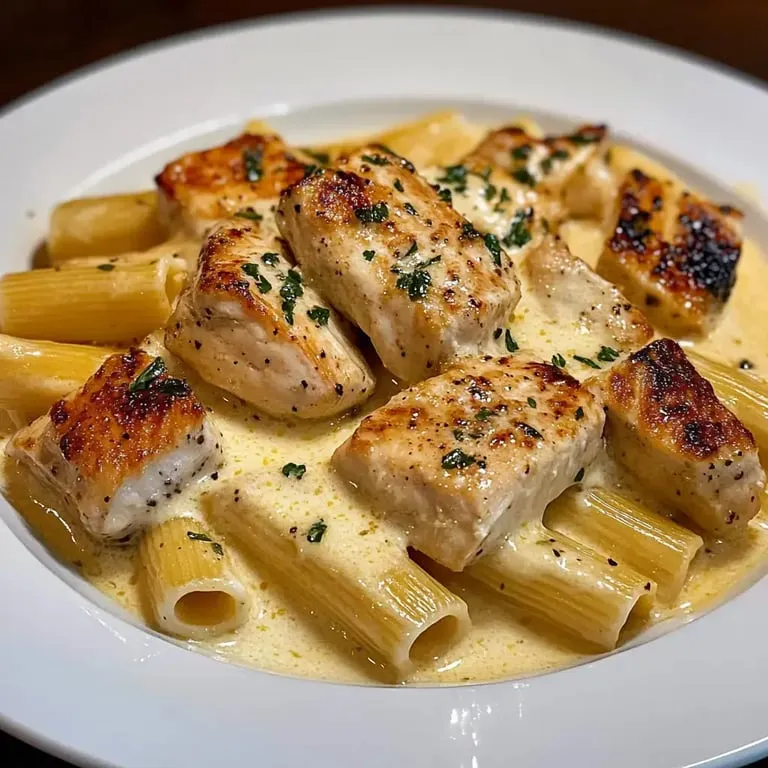 A plate of garlic Parmesan chicken rigatoni.