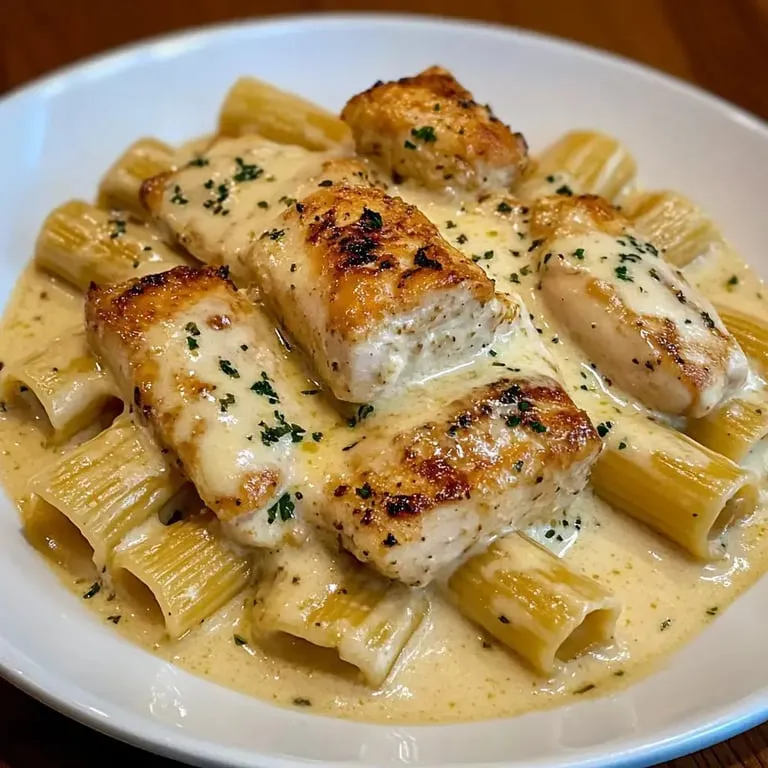 A plate of garlic Parmesan chicken rigatoni.