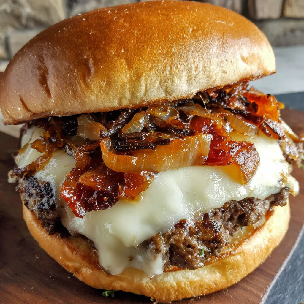 A Maple Bacon Smash Burger on a wooden table.